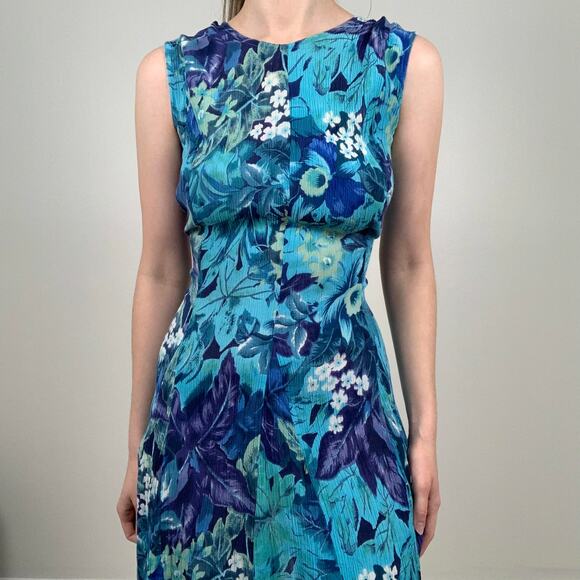 Vintage Rag Tropical Floral Blue Tie Back Dress - Picture 2 of 10